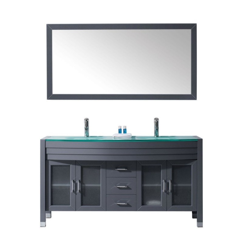 Ava 63" Double Bathroom Vanity in Grey with Aqua Tempered Glass Top and Round Sink with Polished Chrome Faucet and Mirror