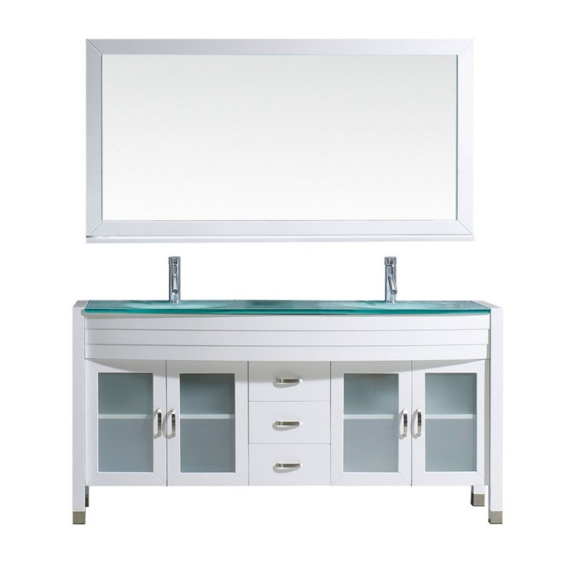 Ava 63" Double Bathroom Vanity in White with Aqua Tempered Glass Top and Round Sink with Brushed Nickel Faucet and Mirror
