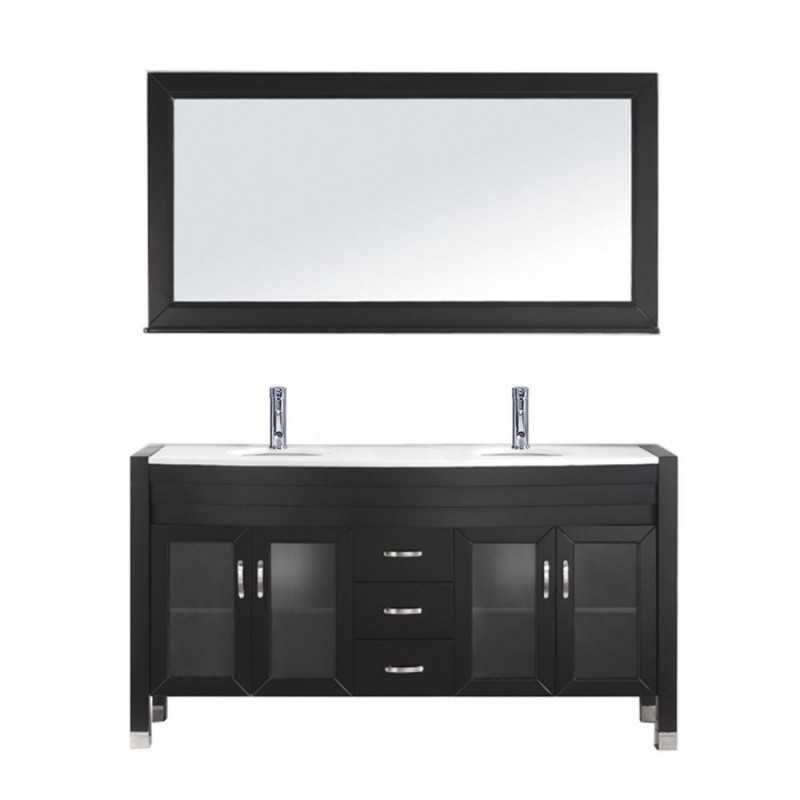 Ava 63" Double Bathroom Vanity in Espresso with White Engineered Stone Top and Round Sink with Brushed Nickel Faucet and Mirror