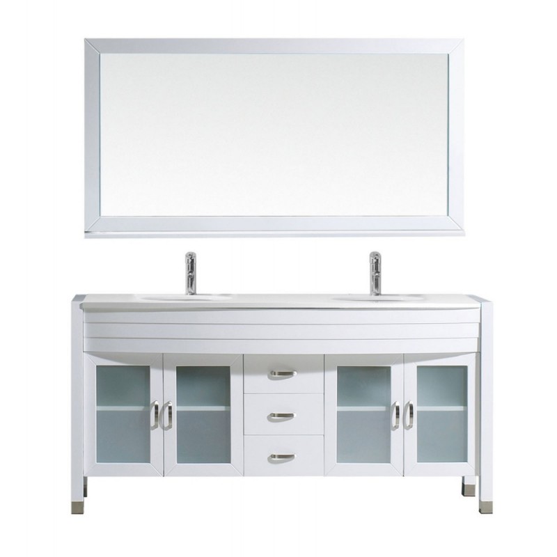 Ava 63" Double Bathroom Vanity in White with White Engineered Stone Top and Round Sink with Polished Chrome Faucet and Mirror