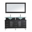 Vincente Rocco 59" Double Bathroom Vanity in Espresso with Frosted Tempered Glass Top and Round Sink with Polished Chrome Faucet and Mirror