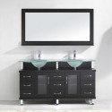 Vincente Rocco 59" Double Bathroom Vanity in Espresso with Frosted Tempered Glass Top and Round Sink with Polished Chrome Faucet and Mirror