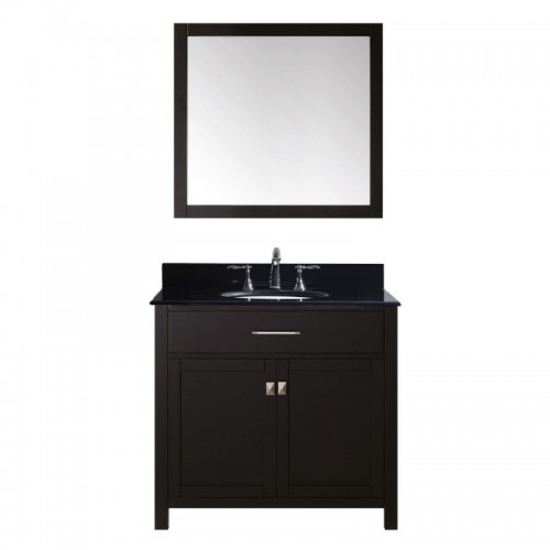 Caroline 36" Single Bathroom Vanity in Espresso with Black Galaxy Granite Top and Round Sink with Mirror