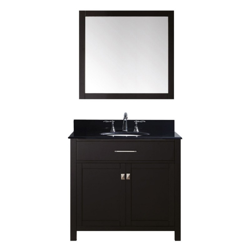 Caroline 36" Single Bathroom Vanity in Espresso with Black Galaxy Granite Top and Round Sink with Mirror