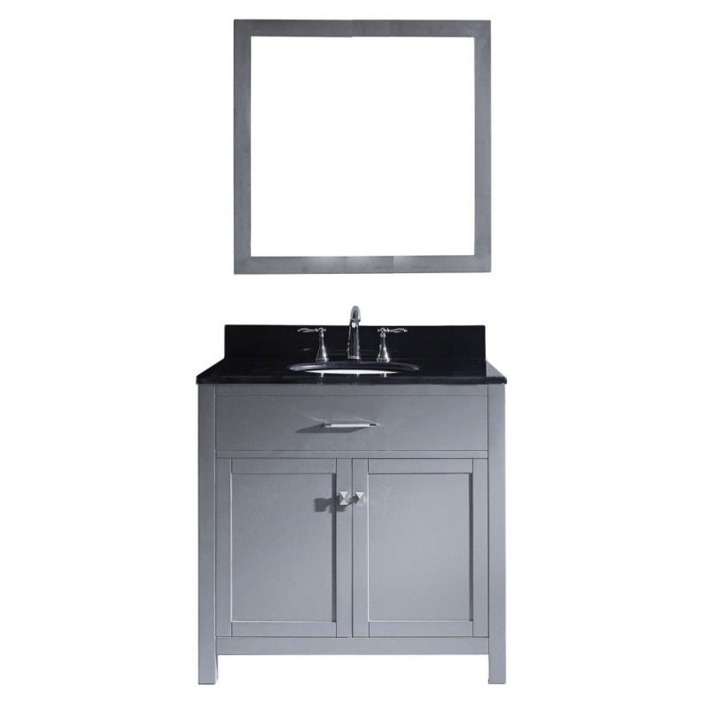 Caroline 36" Single Bathroom Vanity in Grey with Black Galaxy Granite Top and Round Sink with Mirror