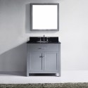 Caroline 36" Single Bathroom Vanity in Grey with Black Galaxy Granite Top and Round Sink with Brushed Nickel Faucet and Mirror