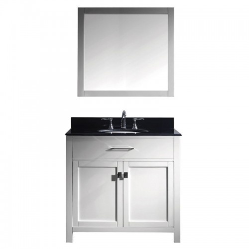 Caroline 36" Single Bathroom Vanity in White with Black Galaxy Granite Top and Round Sink with Mirror