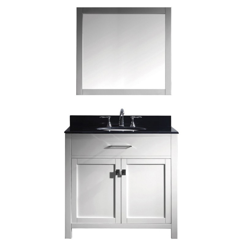 Caroline 36" Single Bathroom Vanity in White with Black Galaxy Granite Top and Round Sink with Mirror