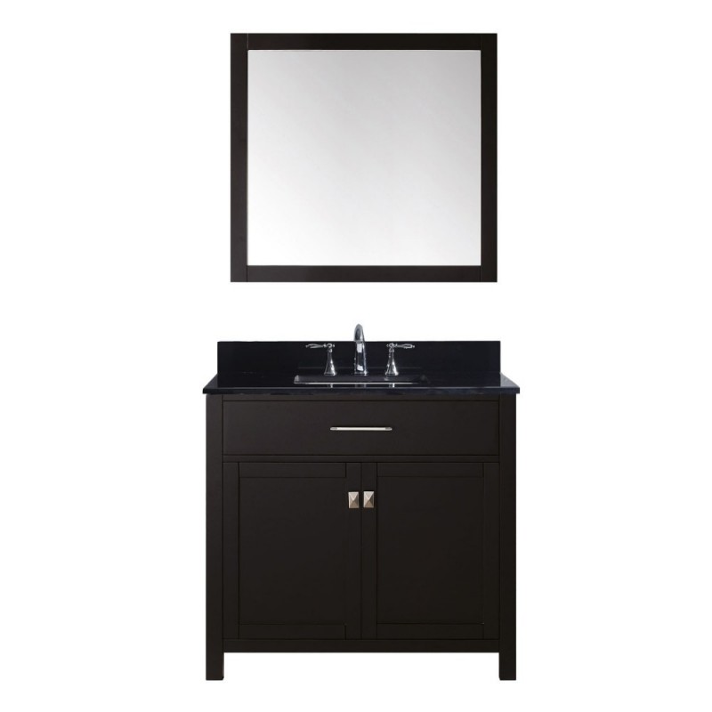 Caroline 36" Single Bathroom Vanity in Espresso with Black Galaxy Granite Top and Square Sink with Brushed Nickel Faucet and Mirror