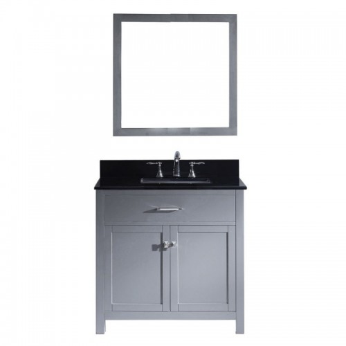 Caroline 36" Single Bathroom Vanity in Grey with Black Galaxy Granite Top and Square Sink with Polished Chrome Faucet and Mirror