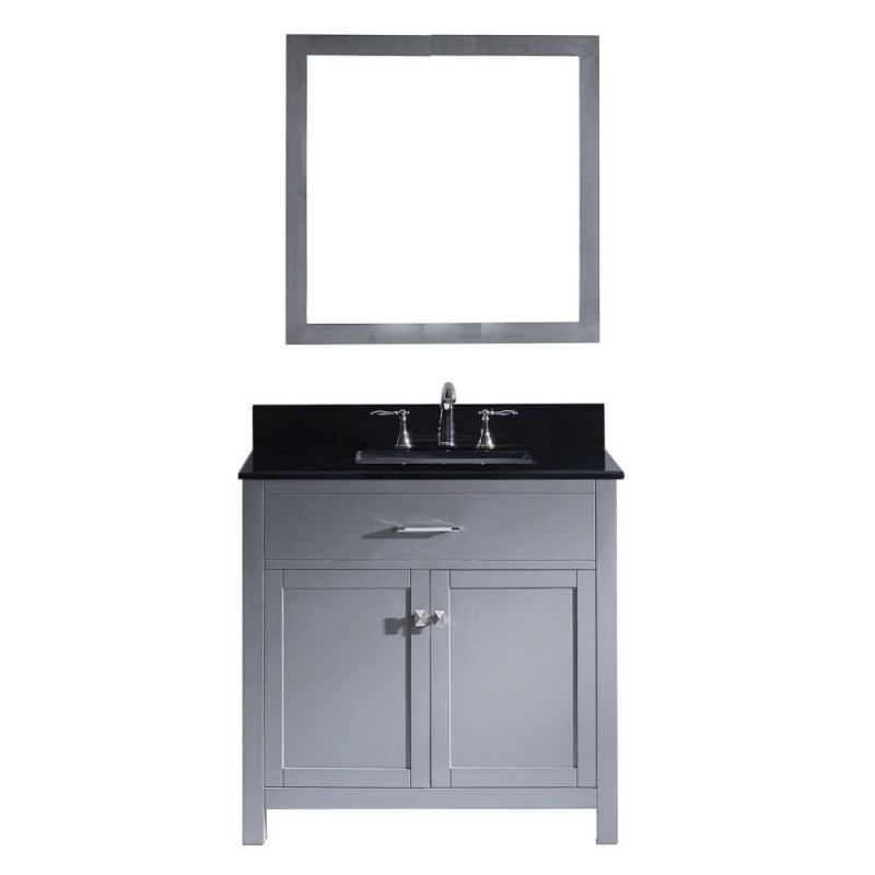 Caroline 36" Single Bathroom Vanity in Grey with Black Galaxy Granite Top and Square Sink with Polished Chrome Faucet and Mirror