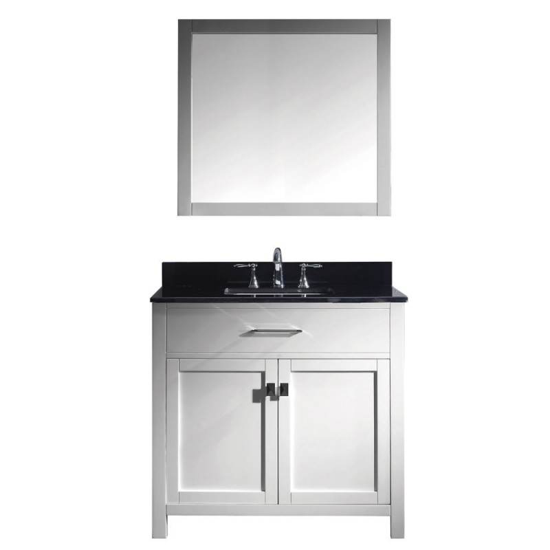 Caroline 36" Single Bathroom Vanity in White with Black Galaxy Granite Top and Square Sink with Brushed Nickel Faucet and Mirror