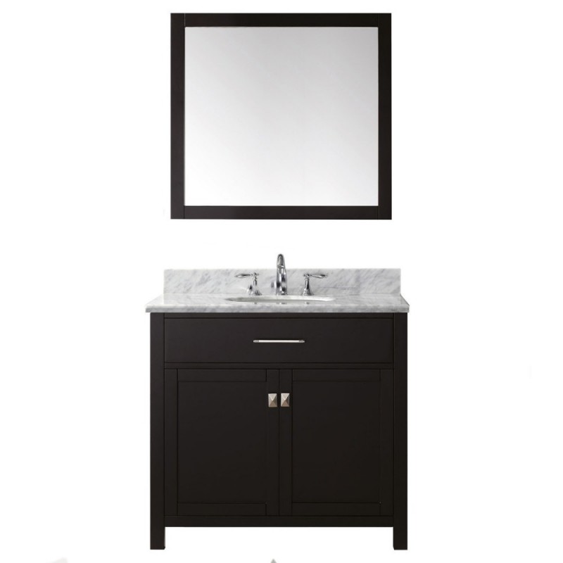 Caroline 36" Single Bathroom Vanity in Espresso with Marble Top and Round Sink with Mirror