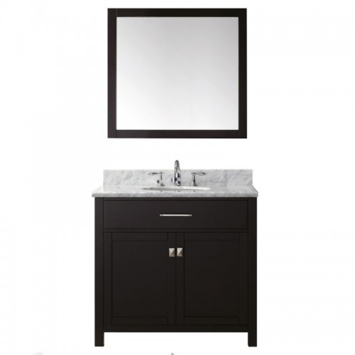 Caroline 36" Single Bathroom Vanity in Espresso with Marble Top and Round Sink with Brushed Nickel Faucet and Mirror