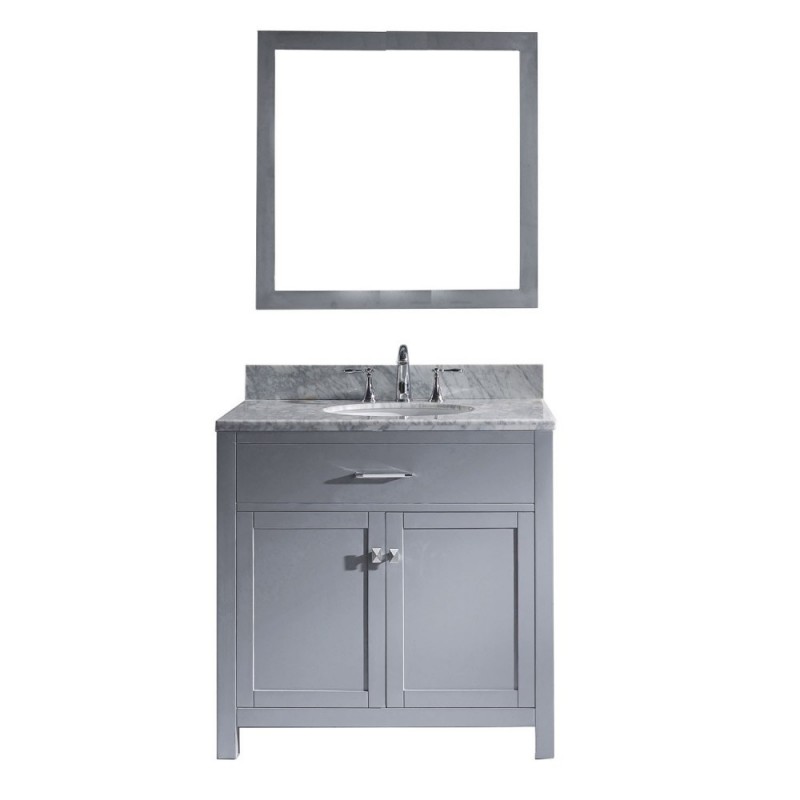 Caroline 36" Single Bathroom Vanity in Grey with Marble Top and Round Sink with Brushed Nickel Faucet and Mirror