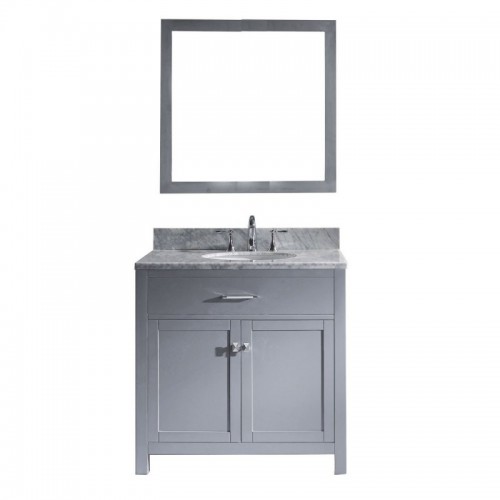Caroline 36" Single Bathroom Vanity in Grey with Marble Top and Round Sink with Polished Chrome Faucet and Mirror