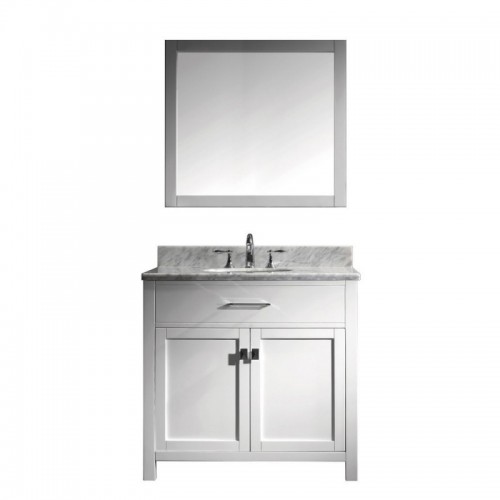 Caroline 36" Single Bathroom Vanity in White with Marble Top and Round Sink with Brushed Nickel Faucet and Mirror
