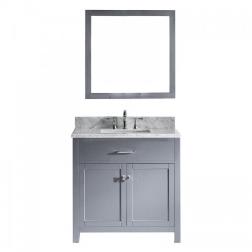 Caroline 36" Single Bathroom Vanity in Grey with Marble Top and Square Sink with Mirror