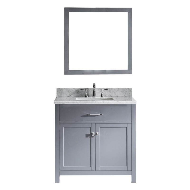 Caroline 36" Single Bathroom Vanity in Grey with Marble Top and Square Sink with Brushed Nickel Faucet and Mirror