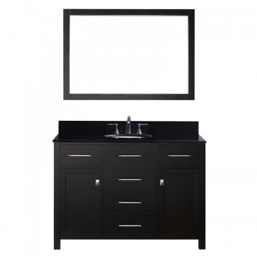 Caroline 48" Single Bathroom Vanity in Espresso with Black Galaxy Granite Top and Round Sink with Polished Chrome Faucet and Mirror