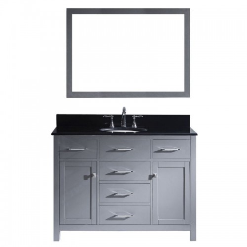 Caroline 48" Single Bathroom Vanity in Grey with Black Galaxy Granite Top and Round Sink with Brushed Nickel Faucet and Mirror