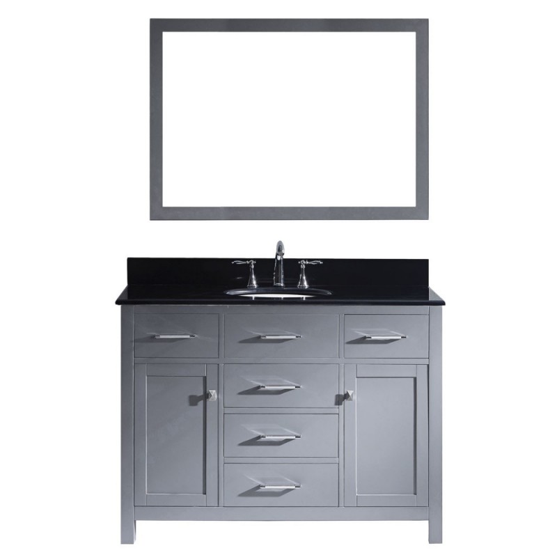 Caroline 48" Single Bathroom Vanity in Grey with Black Galaxy Granite Top and Round Sink with Polished Chrome Faucet and Mirror