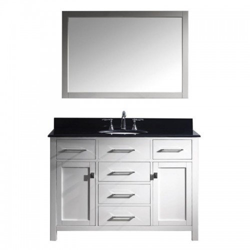 Caroline 48" Single Bathroom Vanity in White with Black Galaxy Granite Top and Round Sink with Brushed Nickel Faucet and Mirror