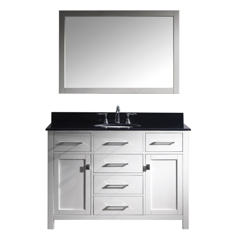 Caroline 48" Single Bathroom Vanity in White with Black Galaxy Granite Top and Round Sink with Brushed Nickel Faucet and Mirror