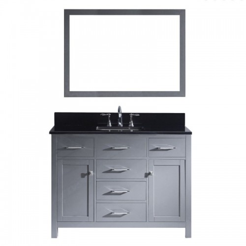 Caroline 48" Single Bathroom Vanity in Grey with Black Galaxy Granite Top and Square Sink with Mirror