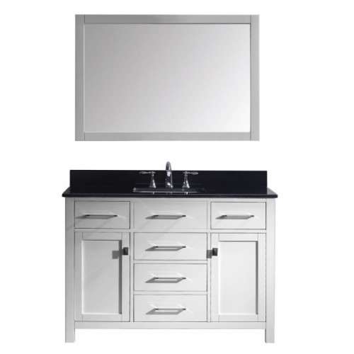 Caroline 48" Single Bathroom Vanity in White with Black Galaxy Granite Top and Square Sink with Brushed Nickel Faucet and Mirror