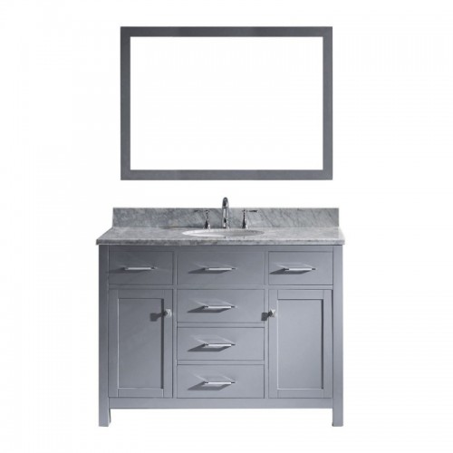 Caroline 48" Single Bathroom Vanity in Grey with Marble Top and Round Sink with Polished Chrome Faucet and Mirror
