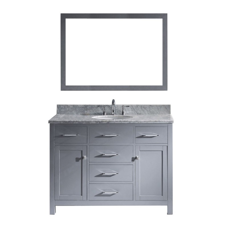 Caroline 48" Single Bathroom Vanity in Grey with Marble Top and Round Sink with Polished Chrome Faucet and Mirror
