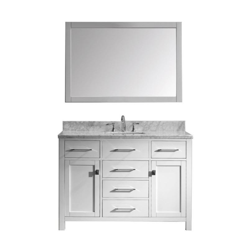 Caroline 48" Single Bathroom Vanity in White with Marble Top and Square Sink with Brushed Nickel Faucet and Mirror