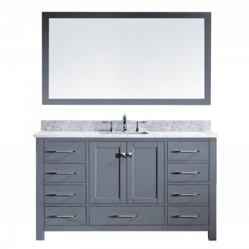 Caroline 60" Single Bathroom Vanity in Grey with Marble Top and Round Sink with Mirror