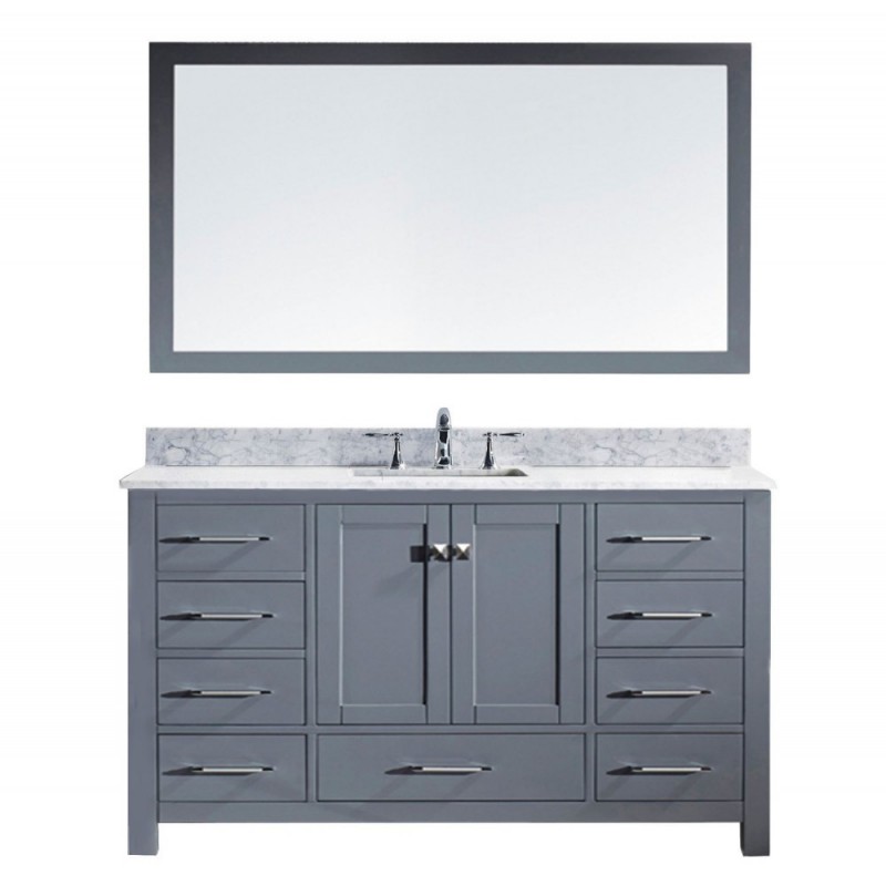 Caroline 60" Single Bathroom Vanity in Grey with Marble Top and Round Sink with Mirror