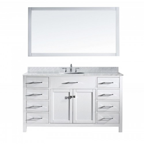 Caroline 60" Single Bathroom Vanity in White with Marble Top and Round Sink with Mirror