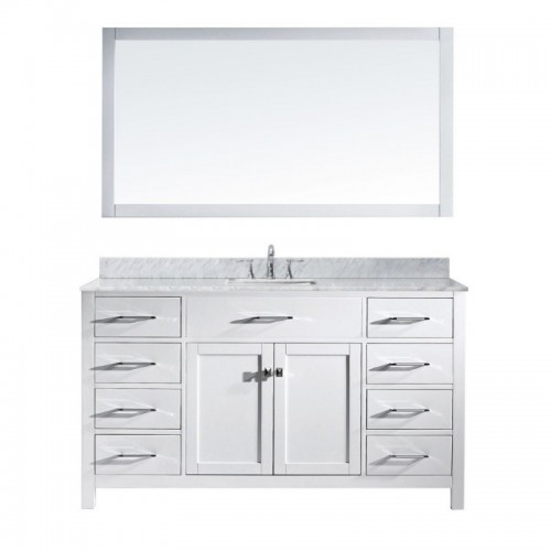 Caroline 60" Single Bathroom Vanity in White with Marble Top and Square Sink with Mirror