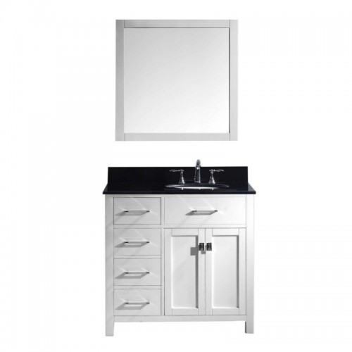 Caroline Parkway 36" Single Bathroom Vanity in White with Black Galaxy Granite Top and Round Sink with Brushed Nickel Faucet and Mirror