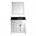 Caroline Parkway 36" Single Bathroom Vanity in White with Black Galaxy Granite Top and Round Sink with Brushed Nickel Faucet and Mirror