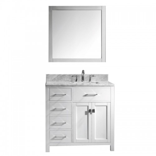 Caroline Parkway 36" Single Bathroom Vanity in White with Marble Top and Square Sink with Polished Chrome Faucet and Mirror