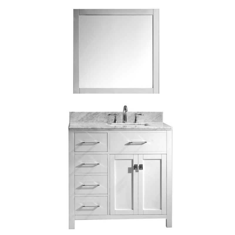 Caroline Parkway 36" Single Bathroom Vanity in White with Marble Top and Square Sink with Polished Chrome Faucet and Mirror