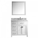 Caroline Parkway 36" Single Bathroom Vanity in White with Marble Top and Square Sink with Polished Chrome Faucet and Mirror