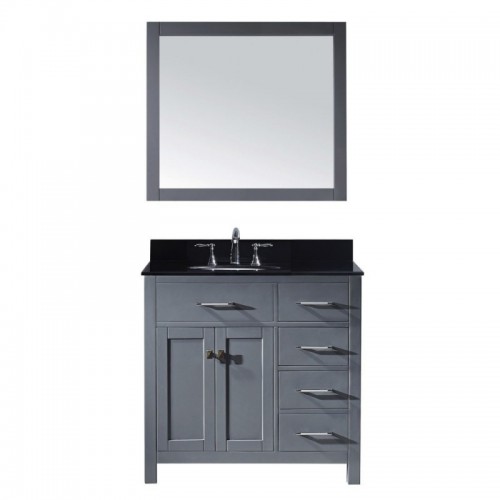Caroline Parkway 36" Single Bathroom Vanity in Grey with Black Galaxy Granite Top and Round Sink with Mirror
