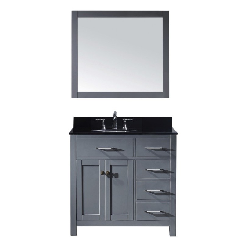 Caroline Parkway 36" Single Bathroom Vanity in Grey with Black Galaxy Granite Top and Round Sink with Mirror