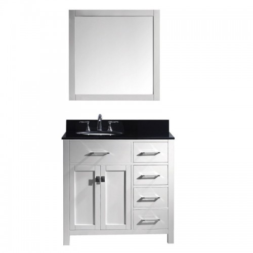 Caroline Parkway 36" Single Bathroom Vanity in White with Black Galaxy Granite Top and Round Sink with Brushed Nickel Faucet and Mirror