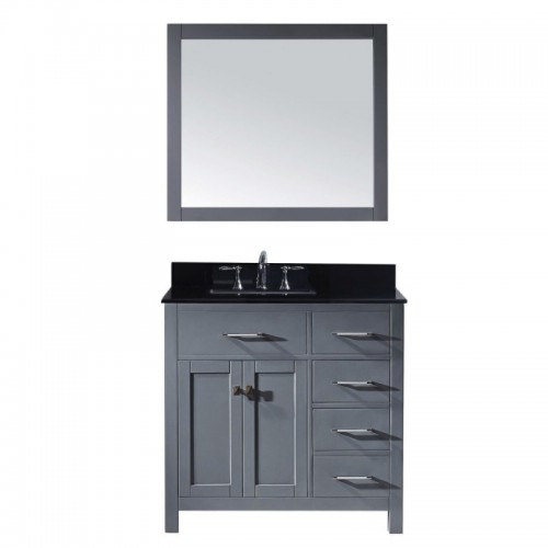 Caroline Parkway 36" Single Bathroom Vanity in Grey with Black Galaxy Granite Top and Square Sink with Polished Chrome Faucet and Mirror