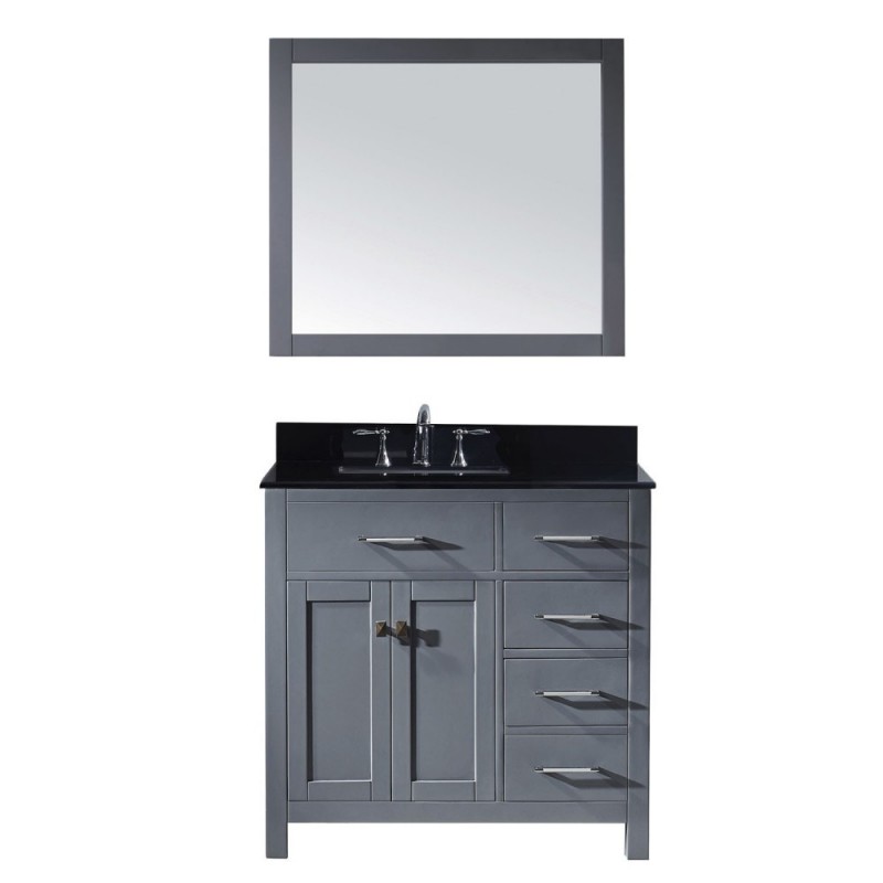 Caroline Parkway 36" Single Bathroom Vanity in Grey with Black Galaxy Granite Top and Square Sink with Polished Chrome Faucet and Mirror