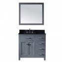 Caroline Parkway 36" Single Bathroom Vanity in Grey with Black Galaxy Granite Top and Square Sink with Polished Chrome Faucet and Mirror