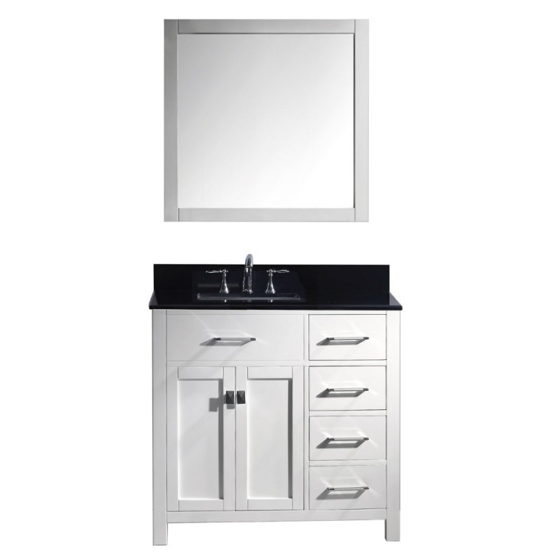 Caroline Parkway 36" Single Bathroom Vanity in White with Black Galaxy Granite Top and Round Sink with Brushed Nickel Faucet and Mirror