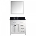 Caroline Parkway 36" Single Bathroom Vanity in White with Black Galaxy Granite Top and Round Sink with Brushed Nickel Faucet and Mirror